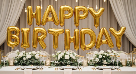 Wedding Banquet Table Decorated with Gold Balloonsの素材