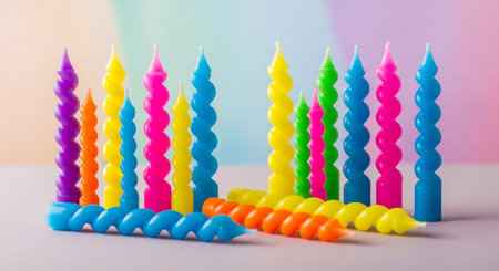 Colorful birthday candles on colorful background, shallow depth of field.の素材