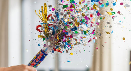 Close-up of a confetti explosion with confetti and ribbonsの素材
