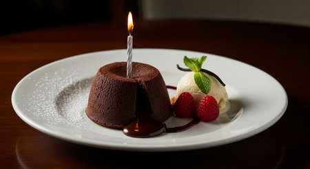 Chocolate fondant with ice cream and berries on a white plateの素材
