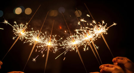 Burning sparklers in the hands of a man on a dark backgroundの素材