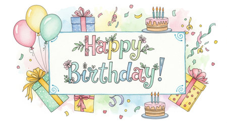 Birthday greeting card with balloons, gift boxes and cake. Vector illustration.の素材