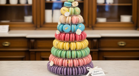 Colorful macaroons stacked on top of each other in a bakeryの素材