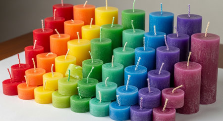 Colorful wax candles on a white background. Selective focus.の素材