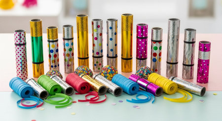 Colorful paper rollers on a table in a children's roomの素材