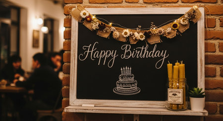 Happy Birthday chalkboard with cake and candles in a pub or restaurantの素材