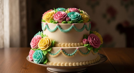 Wedding cake decorated with multicolored roses on a wooden tableの素材