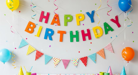 Birthday party decoration on white wall background - Happy Birthday! Copy spaceの素材