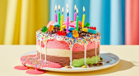 Birthday cake with candles and candies on a colorful background.の素材