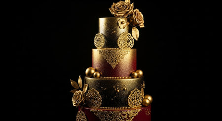 Wedding cake with gold ornaments on a black backgroundの素材