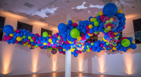 Colorful balloons on the ceiling of a concert hall in a nightclubの素材