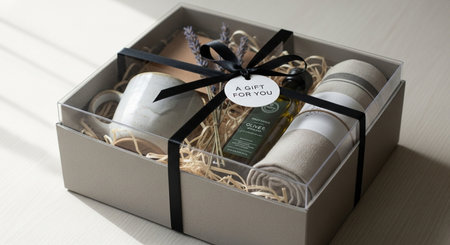 Wedding gift box with wine, champagne, candles and lavenderの素材