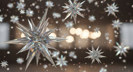 Abstract 3d rendering of snowflakes and bokeh backgroundの素材