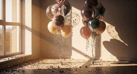 Balloons and confetti in a room. 3d rendering.の素材