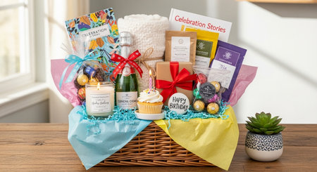 Gift basket with birthday gifts and presents on a wooden table.の素材