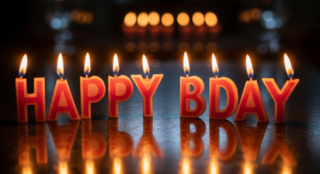 Happy birthday candles on a wooden surface with reflection and bokeh backgroundの素材