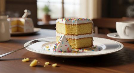Cake with sprinkles on a white plate on a wooden tableの素材