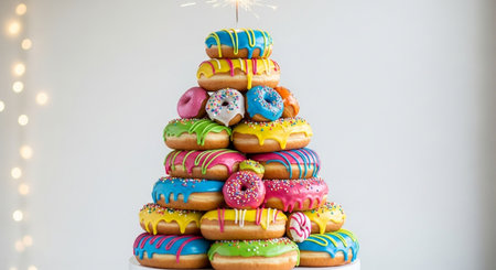 Decorated Christmas tree with colorful glazed donuts and sparklerの素材