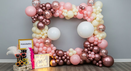 3d illustration of a birthday party with pink and white balloons and copy spaceの素材