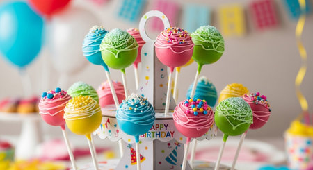 Birthday cake pops with colorful sprinkles and buttercream frostingの素材