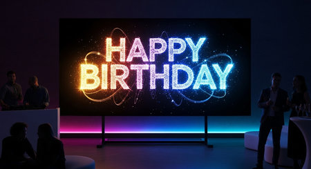 Happy birthday neon sign with people silhouettes in background. 3D renderingの素材