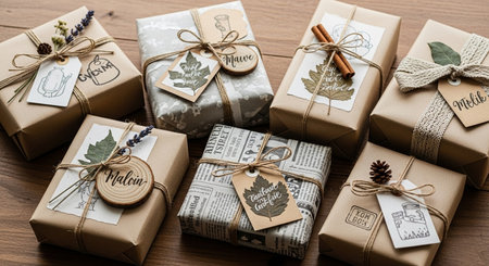 Christmas gifts wrapped in craft paper and tied with twine, on wooden backgroundの素材