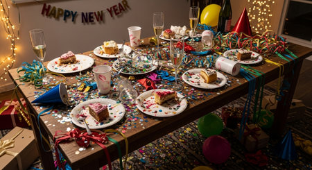 Birthday party table with cake, champagne glasses, confetti and ribbonsの素材