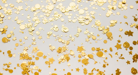 Gold glitter confetti on a white background. Festive decoration.の素材