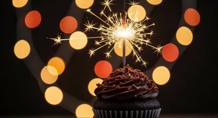 Birthday cupcake with sparkler on bokeh lights backgroundの素材