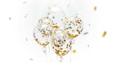 Gold and silver balloons with confetti on white background. 3d illustrationの素材