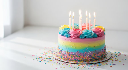 birthday cake with burning candles on a white background, copy spaceの素材