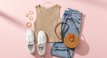 Flat lay composition with women's clothing and accessories on pink backgroundの素材