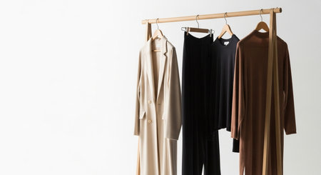 Women's clothing on a wooden hanger on a white background.の素材