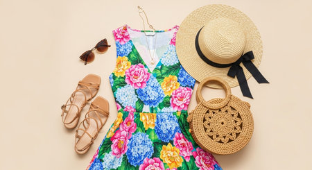 Flat lay of summer dress, straw hat and sunglasses on beige backgroundの素材