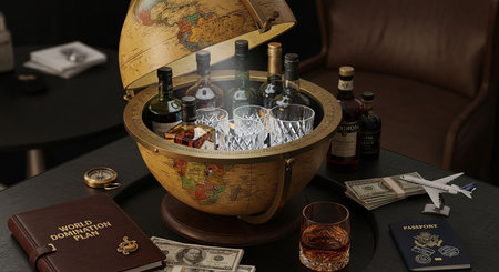 Vintage map of the world and alcohol on the table. 3d illustrationの素材