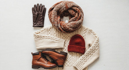 Cozy winter clothes and accessories on a white background. Top view.の素材