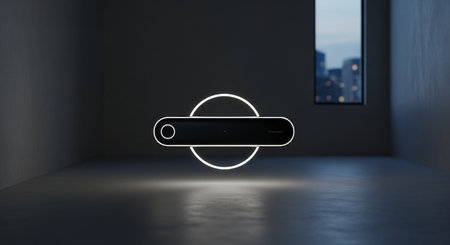 Digital composite of Glowing circle icon in dark room with city viewの素材