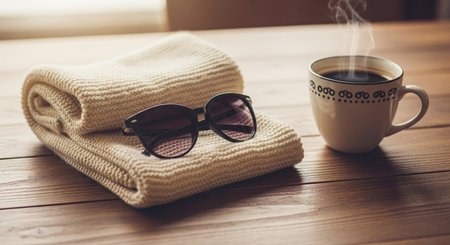 Cup of coffee with sweater and sunglasses on wooden table in morningの素材