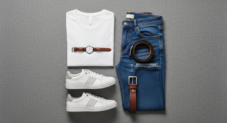 Men's clothing and accessories on a gray background. Top view.の素材