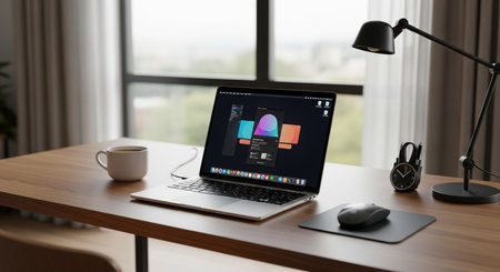 laptop with web design screen on wooden desk at home office 3d renderの素材