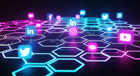 Digital background image with social media icons on hexagons. 3d renderingの素材