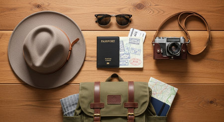 Traveler's accessories on wooden background. Top view. Flat layの素材