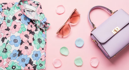 Flat lay of woman's accessories on pink background with copy spaceの素材