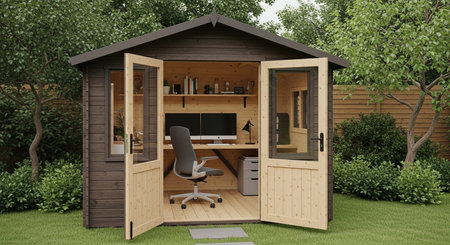 3D rendering of a modern office in the garden with a computerの素材