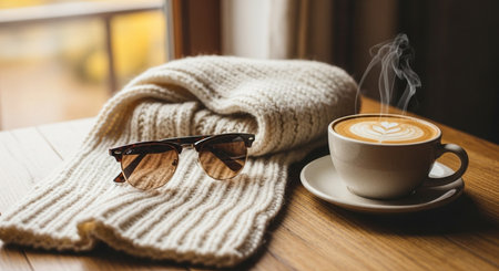 Cup of coffee with scarf and eyeglasses on wooden tableの素材