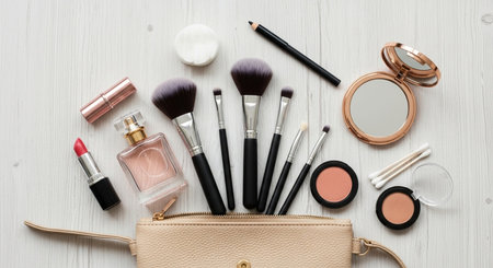 Makeup brushes and cosmetics on white wooden background. Flat lay, top view.の素材