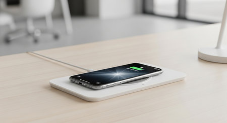 Smartphone charging with power bank on the table. 3d renderingの素材