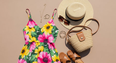 Flat lay composition with summer accessories on beige background. Top viewの素材