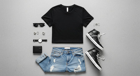 Black T-shirt mockup with blue jeans, sneakers, sunglasses and accessories on grey backgroundの素材