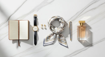 Flat lay, top view of women's accessories on white marble backgroundの素材